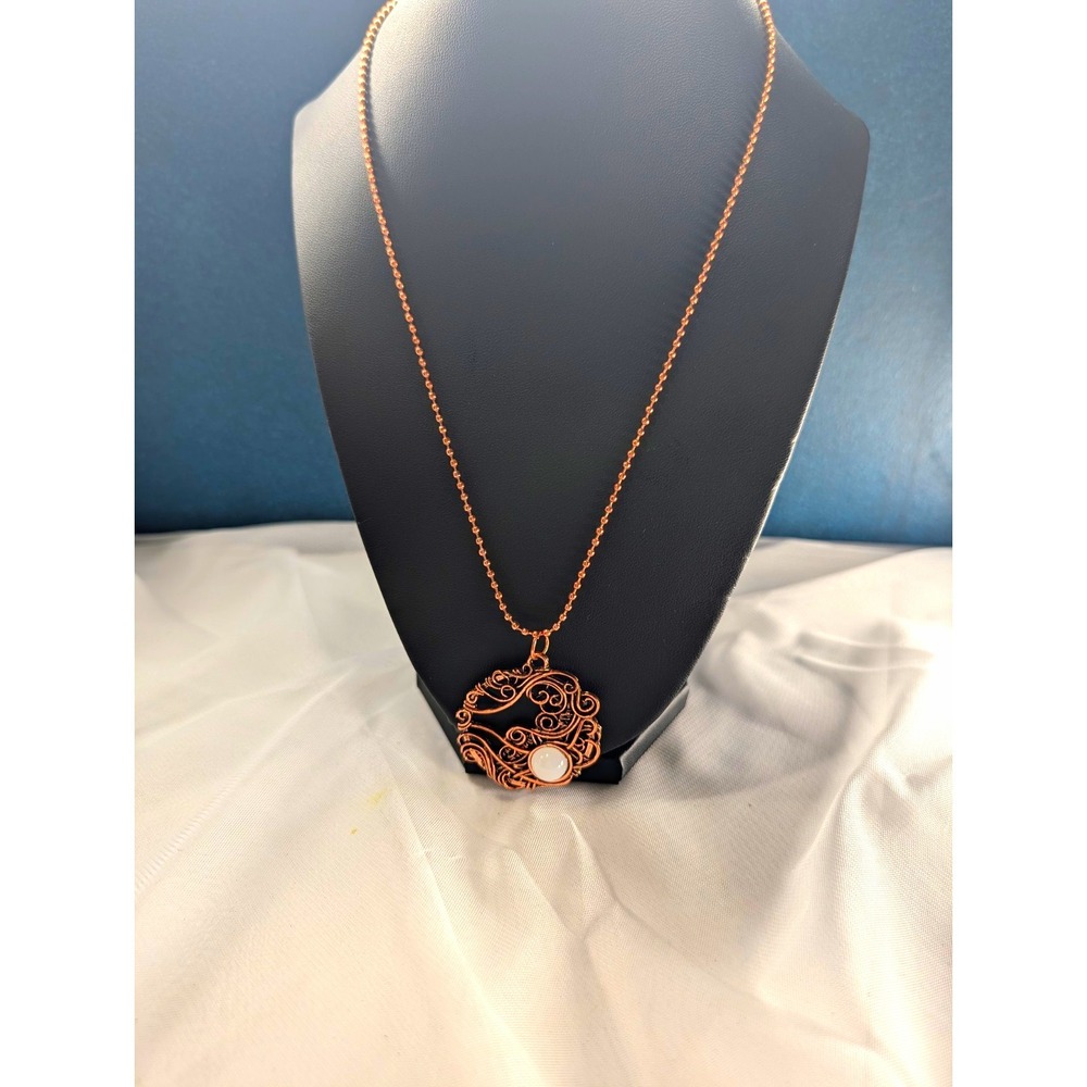 Copper Tone Round Filigree Charm Pendant Necklace Ball/Bead Chain Barrel